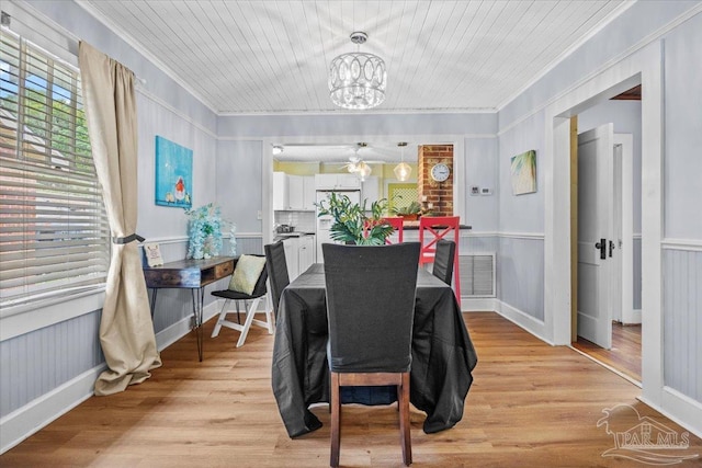 dining space featuring ornamental molding, a chandelier, wooden ceiling, and light hardwood / wood-style floors