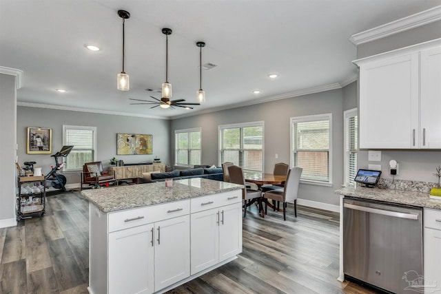 kitchen with white cabinets, crown molding, stainless steel dishwasher, ceiling fan, and wood-type flooring