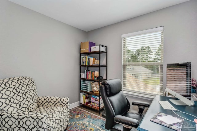 home office with hardwood / wood-style flooring