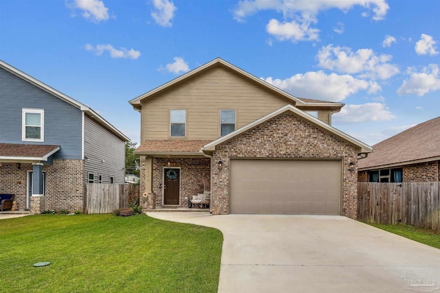 front facade featuring a front yard and a garage