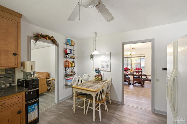 dining room featuring ceiling fan with notable chandelier and light hardwood / wood-style flooring