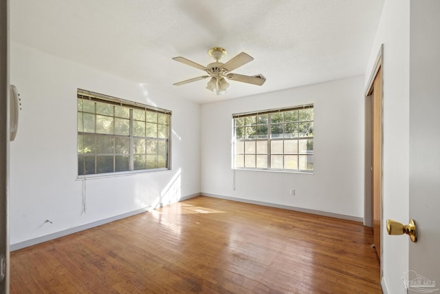 empty room featuring wood-type flooring, a textured ceiling, and ceiling fan