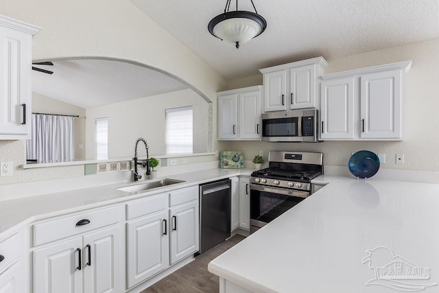 kitchen featuring white cabinetry, sink, stainless steel appliances, and lofted ceiling