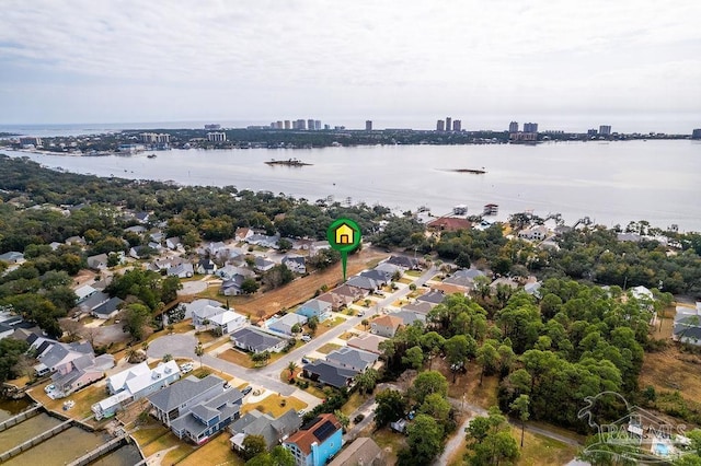 drone / aerial view with a water view