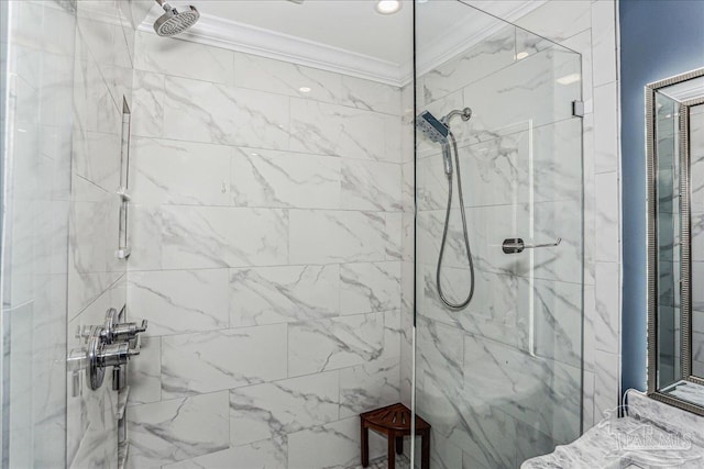 full bath featuring crown molding and a marble finish shower