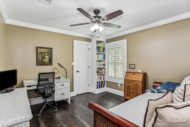 bedroom featuring dark wood-type flooring, crown molding, baseboards, and a ceiling fan
