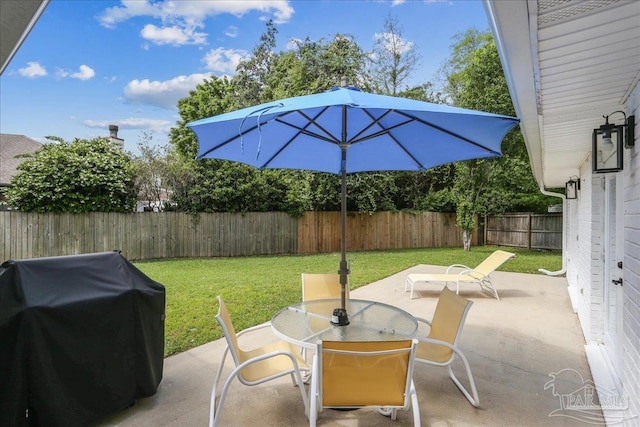 view of patio / terrace featuring grilling area, outdoor dining space, and a fenced backyard