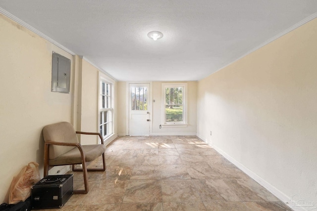 doorway featuring a textured ceiling, ornamental molding, stone finish flooring, electric panel, and baseboards