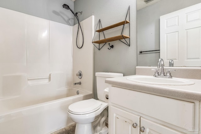 full bathroom with tile patterned flooring, toilet, vanity, and bathing tub / shower combination