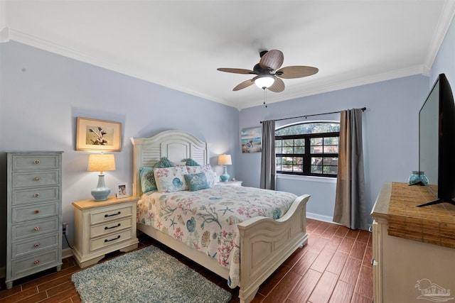 bedroom with ceiling fan, dark hardwood / wood-style flooring, and crown molding