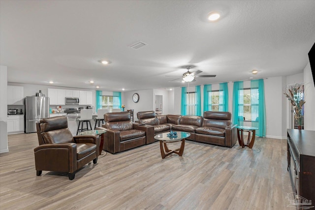 living room featuring a textured ceiling, plenty of natural light, and light hardwood / wood-style flooring