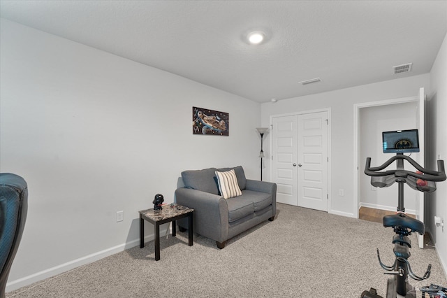 workout area featuring carpet floors and a textured ceiling