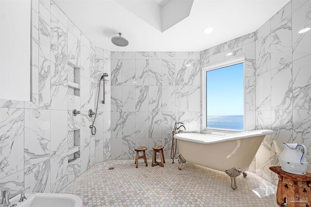 13335 Johnson Beach Rd Unit 1003, Pensacola, FL 32507 - bathroom featuring a water view, a bidet, tile walls, plus walk in shower, and sink
