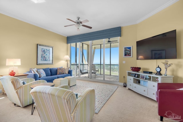 living room with light carpet, crown molding, and ceiling fan