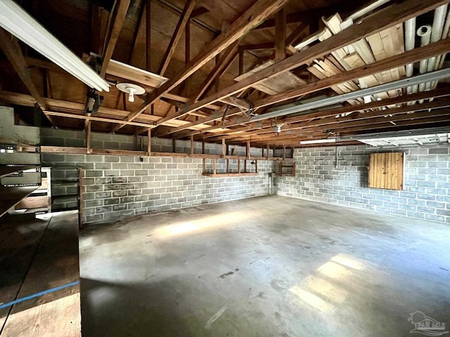 basement with a garage and concrete block wall