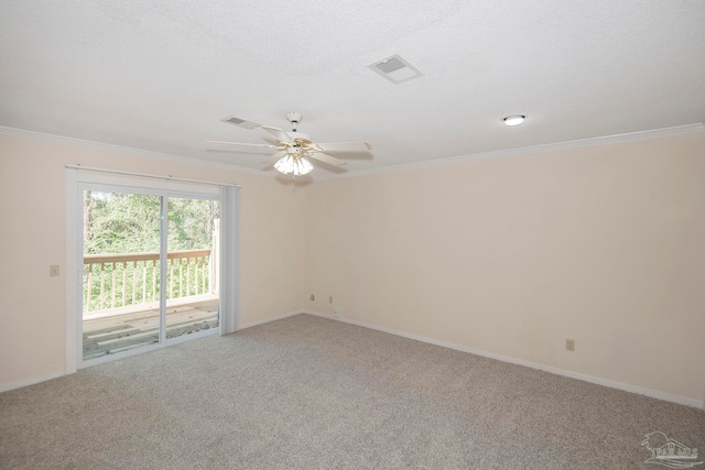 unfurnished room with ceiling fan, a textured ceiling, carpet flooring, and crown molding