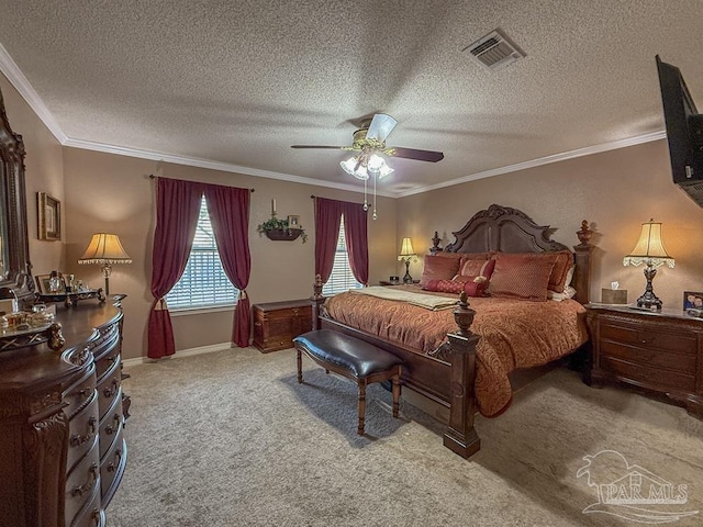 5020 Lantana Dr, Gulf Breeze, FL 32563 - carpeted bedroom with ornamental molding, a textured ceiling, and a ceiling fan