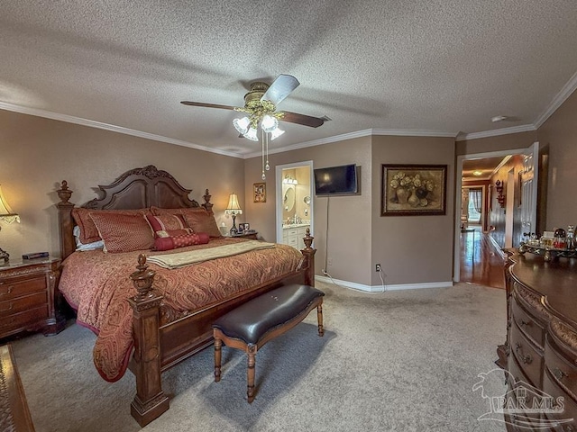 5020 Lantana Dr, Gulf Breeze, FL 32563 - bedroom with carpet, a textured ceiling, baseboards, a ceiling fan, and crown molding