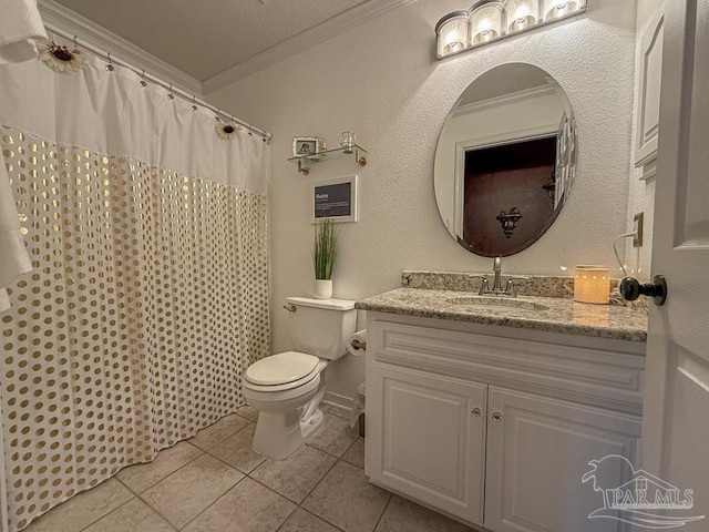 5020 Lantana Dr, Gulf Breeze, FL 32563 - full bathroom featuring ornamental molding, tile patterned floors, toilet, vanity, and curtained shower