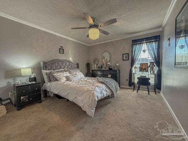 5020 Lantana Dr, Gulf Breeze, FL 32563 - carpeted bedroom with a textured ceiling, ceiling fan, crown molding, and baseboards
