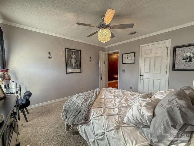 5020 Lantana Dr, Gulf Breeze, FL 32563 - bedroom with carpet floors, a textured ceiling, a ceiling fan, crown molding, and baseboards