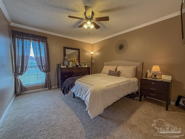 5020 Lantana Dr, Gulf Breeze, FL 32563 - carpeted bedroom with crown molding, a textured ceiling, baseboards, and ceiling fan