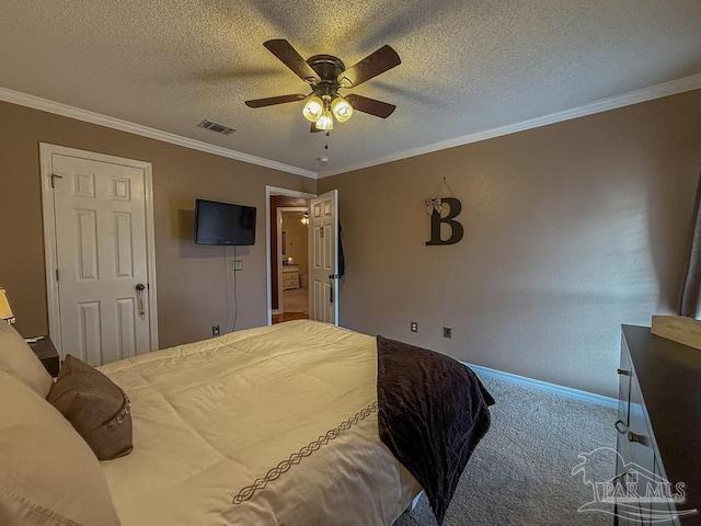 5020 Lantana Dr, Gulf Breeze, FL 32563 - carpeted bedroom with baseboards, ornamental molding, a ceiling fan, and a textured ceiling