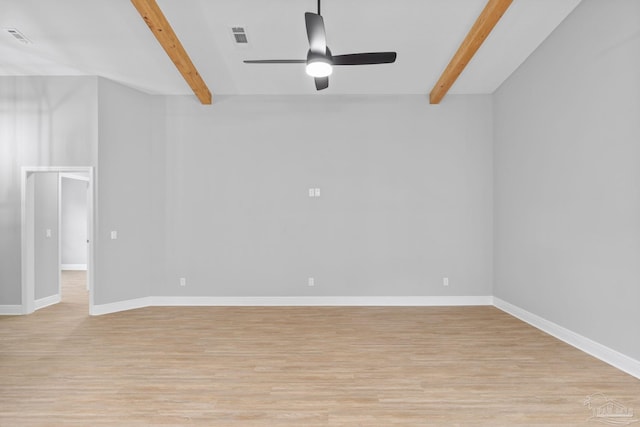 unfurnished room with ceiling fan, beam ceiling, and light hardwood / wood-style flooring