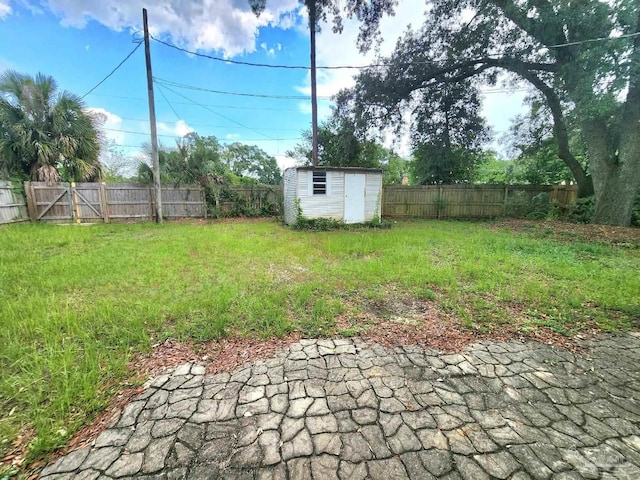 view of yard featuring a shed and a patio