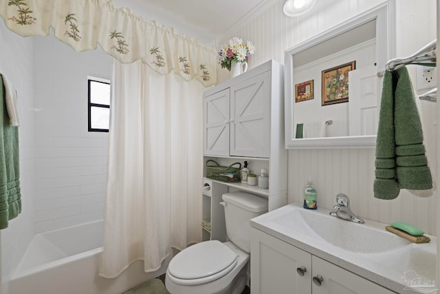 full bathroom with toilet, shower / bath combo, vanity, and ornamental molding