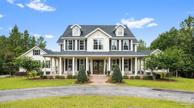 view of front facade featuring a front yard and covered porch