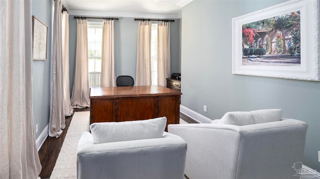 office area featuring ornamental molding and dark wood-type flooring