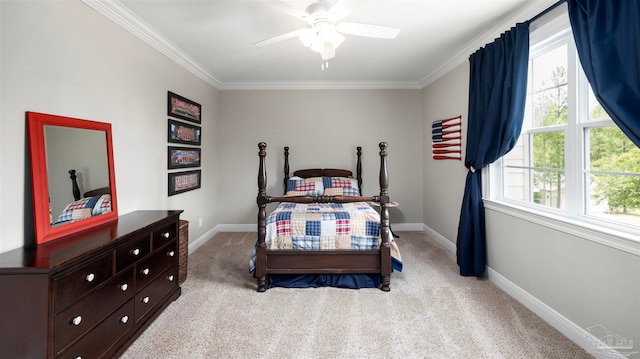 bedroom with ornamental molding, light carpet, and ceiling fan