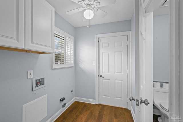 clothes washing area featuring washer hookup, dark wood-type flooring, cabinets, and ceiling fan