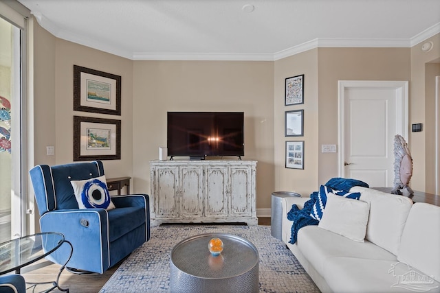 living room featuring crown molding and hardwood / wood-style floors