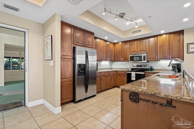 kitchen with stone counters, stainless steel appliances, a tray ceiling, and sink