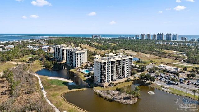 drone / aerial view with a water view