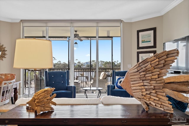 living room featuring crown molding