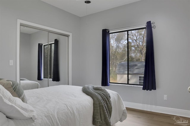 bedroom with hardwood / wood-style floors and a closet