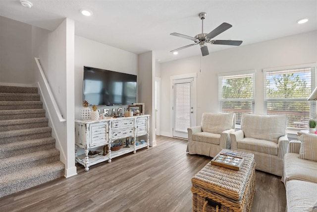 living room featuring ceiling fan and dark hardwood / wood-style flooring