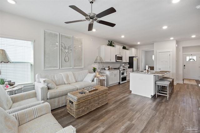 living room featuring ceiling fan, dark hardwood / wood-style flooring, and sink