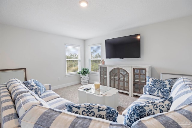 living room featuring carpet flooring and a textured ceiling