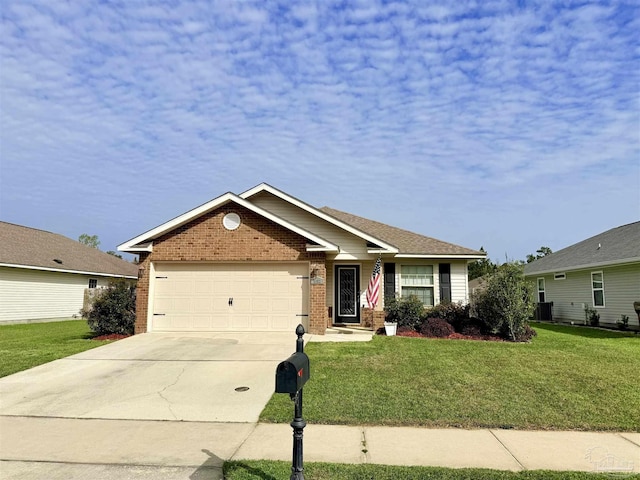 single story home with brick siding, a front lawn, an attached garage, and driveway