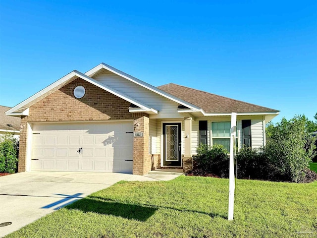 ranch-style home featuring driveway, roof with shingles, a garage, brick siding, and a front lawn