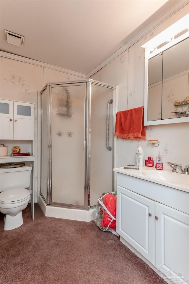 full bathroom with carpet, a stall shower, vanity, and toilet