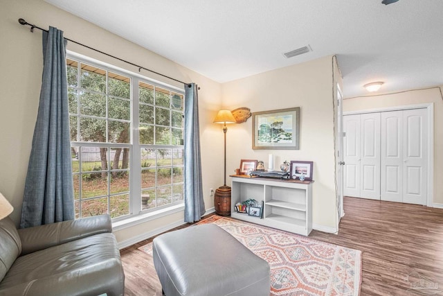 living area featuring a textured ceiling, plenty of natural light, and hardwood / wood-style floors