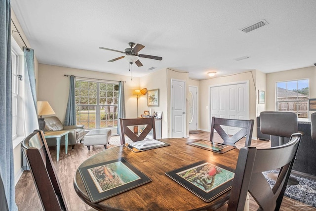 dining area featuring ceiling fan, hardwood / wood-style flooring, a textured ceiling, and a healthy amount of sunlight