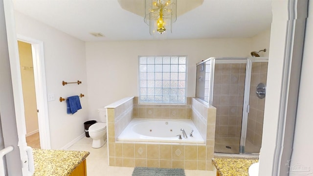 full bathroom with tile patterned floors, vanity, independent shower and bath, and toilet