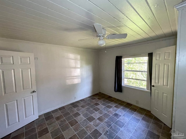 spare room with wooden ceiling, ceiling fan, and tile patterned flooring