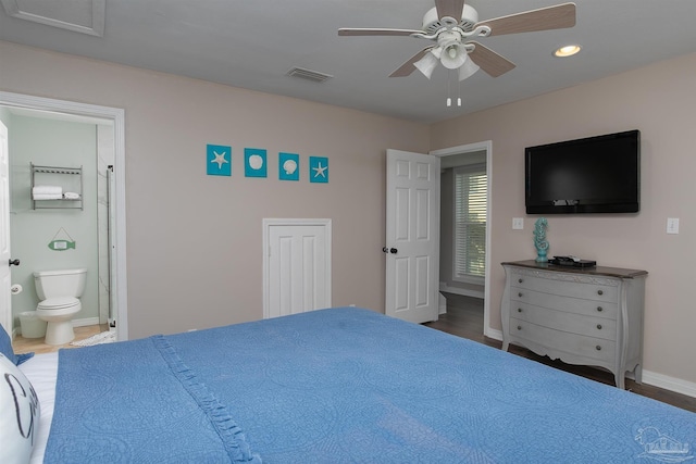 bedroom with connected bathroom, recessed lighting, baseboards, a ceiling fan, and visible vents